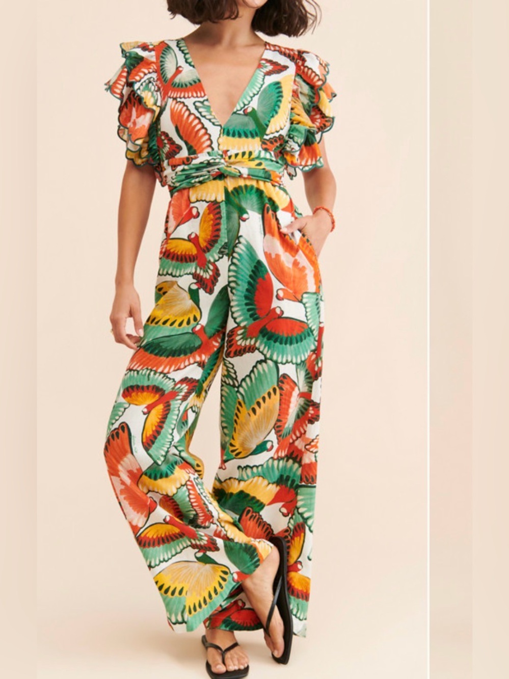FARM Rio Multicolor Bird-Print V-Neck Wide-Leg Jumpsuit